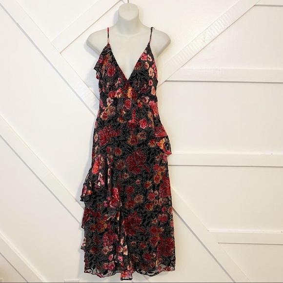 Jill Jill Stuart Dahlia Devore Floral Velvet V-Neck Ruffle Frill Midi Dress Sz 4 - Picture 3 of 11